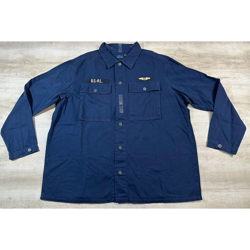 Polo Ralph Lauren Mens Jacket Big&Tall Navy Blue 2XLT Military Herringbone Shirt
